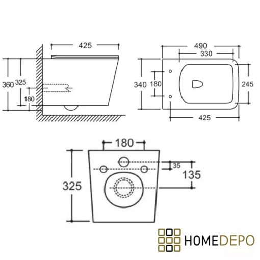 HD River Glossy Black perem nélküli mély öblítésű szögletes fényes fekete fali WC tetővel
