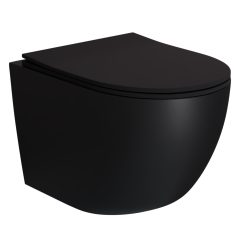   HD Lea Matt Black perem nélküli mély öblítésű íves fali WC slim "P" tetővel és matt fekete zsanérral