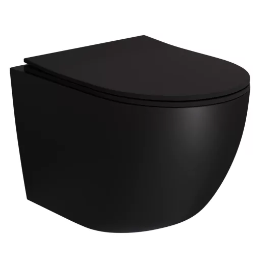 HD Lea Matt Black perem nélküli mély öblítésű íves fali WC slim "P" tetővel és matt fekete zsanérral