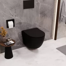 HD Lea Matt Black perem nélküli mély öblítésű íves fali WC slim "P" tetővel és matt fekete zsanérral