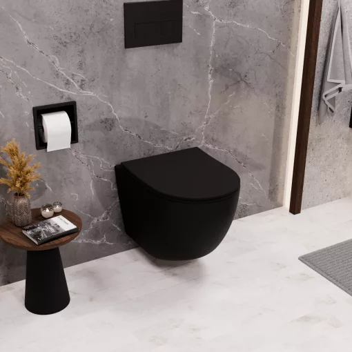 HD Lea Matt Black perem nélküli mély öblítésű íves fali WC slim "P" tetővel és matt fekete zsanérral