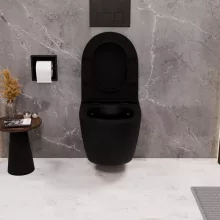 HD Lea Matt Black perem nélküli mély öblítésű íves fali WC slim "P" tetővel és matt fekete zsanérral