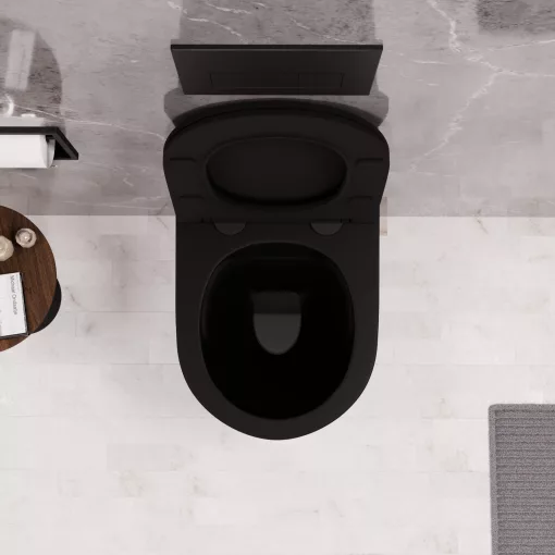 HD Lea Matt Black perem nélküli mély öblítésű íves fali WC slim "P" tetővel és matt fekete zsanérral