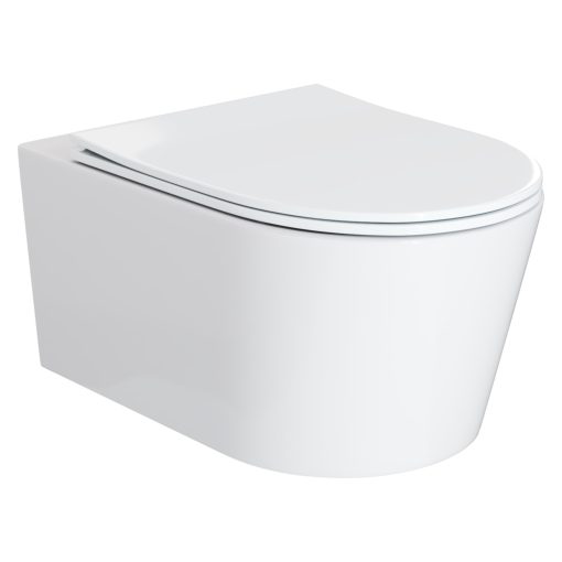 HD Noa Glossy White perem nélküli mély öblítésű íves fali WC slim "P" tetővel és fényes króm zsanérral