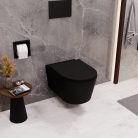 HD Noa Matt Black perem nélküli mély öblítésű íves fali WC slim "P" tetővel és matt fekete zsanérral