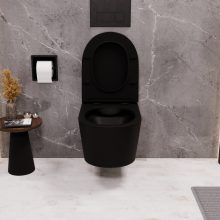 HD Noa Matt Black perem nélküli mély öblítésű íves fali WC slim "P" tetővel és matt fekete zsanérral
