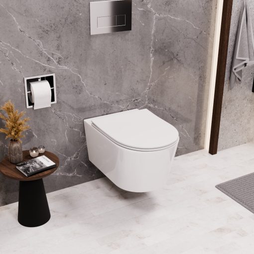 HD Noa Glossy White perem nélküli mély öblítésű íves fali WC slim "P" tetővel és fényes króm zsanérral