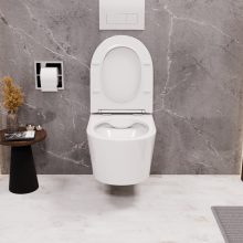 HD Noa Glossy White perem nélküli mély öblítésű íves fali WC slim "P" tetővel és fényes króm zsanérral