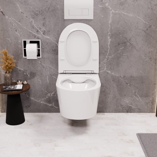 HD Noa Glossy White perem nélküli mély öblítésű íves fali WC slim "P" tetővel és fényes króm zsanérral