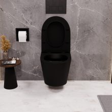 HD Madrid Matt Black perem nélküli mély öblítésű íves fali WC slim "P" tetővel és fekete zsanérral