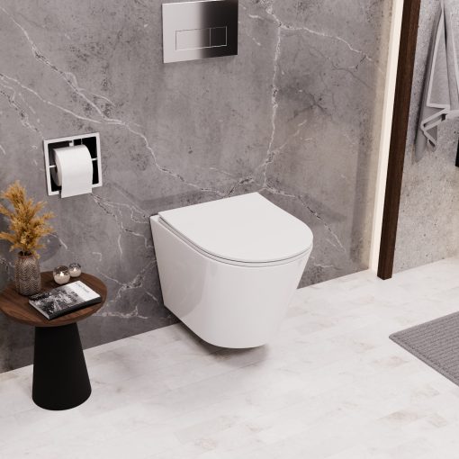 HD Madrid Glossy White perem nélküli mély öblítésű íves fali WC slim "P" tetővel és fényes króm zsanérral