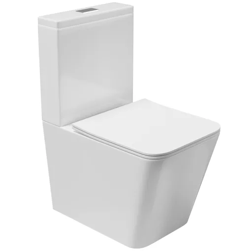 HD Ariana White perem nélküli mély öblítésű szögletes monoblokkos WC hátsó kifolyású slim "S" tetővel és fényes króm kiegészítőkkel + tartály