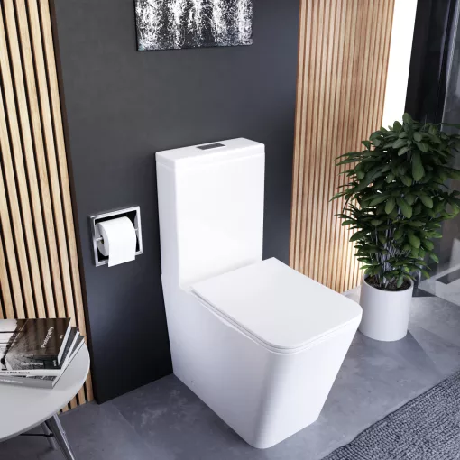 HD Ariana White perem nélküli mély öblítésű szögletes monoblokkos WC hátsó kifolyású slim "S" tetővel és fényes króm kiegészítőkkel + tartály