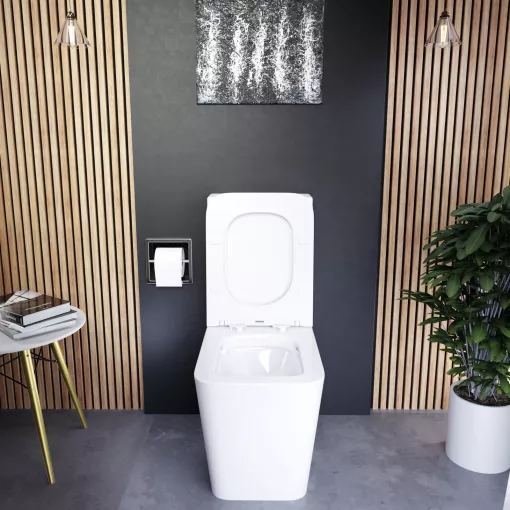 HD Ariana White perem nélküli mély öblítésű szögletes monoblokkos WC hátsó kifolyású slim "S" tetővel és fényes króm kiegészítőkkel + tartály