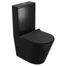 HD Dream Matt Black perem nélküli mély öblítésű íves fekete monoblokkos WC hátsó kifolyású slim "F" tetővel és fényes króm kiegészítőkkel + tartály