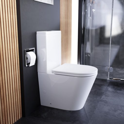 HD Dream Glossy White perem nélküli mély öblítésű íves monoblokkos WC hátsó kifolyású slim "A" tetővel és fényes króm kiegészítőkkel + tartály