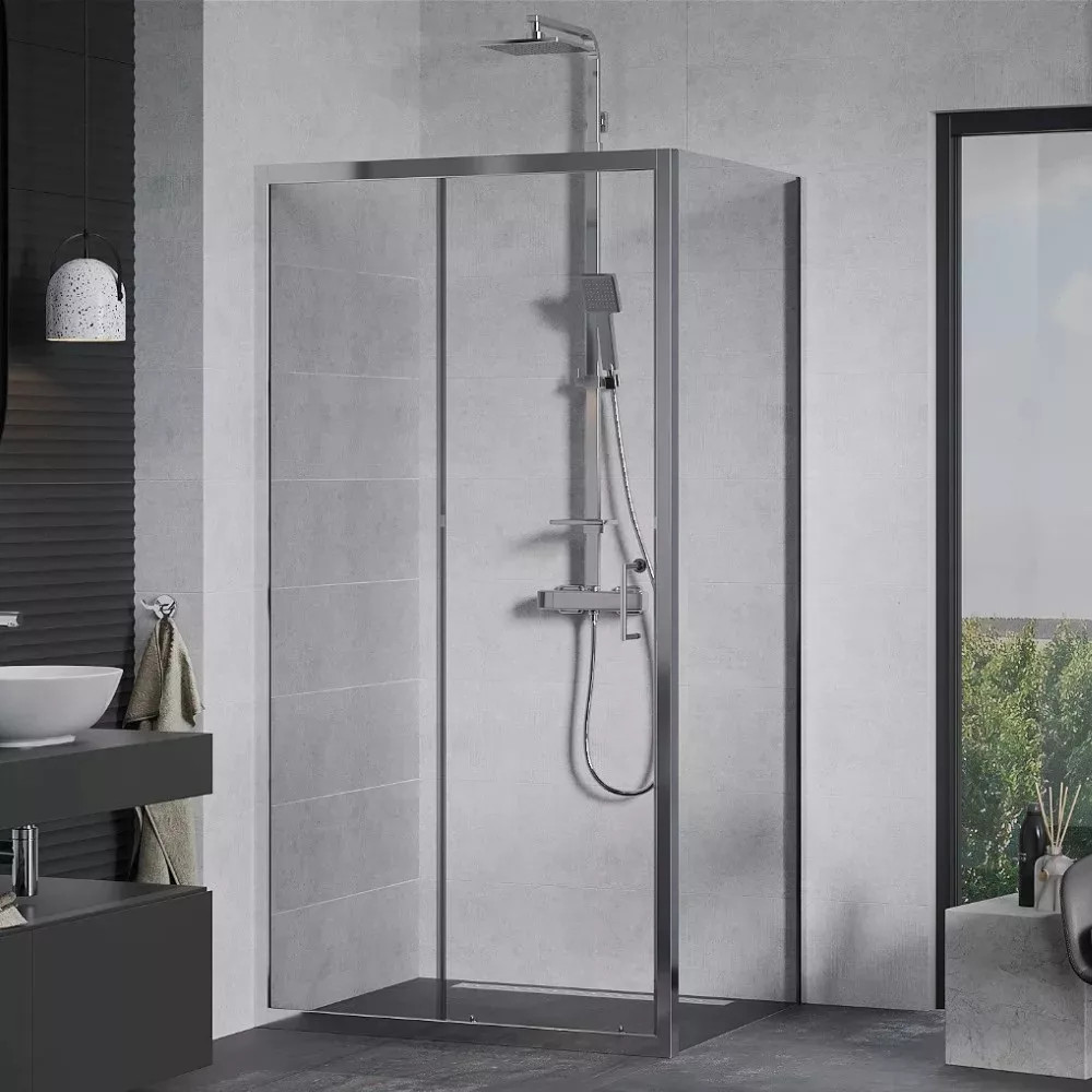 Mexen Apia 150x90 aszimmetrikus szögletes tolóajtós zuhanykabin 5 mm vastag vízlepergető biztonsági üveggel, krómozott elemekkel, 190 cm magas