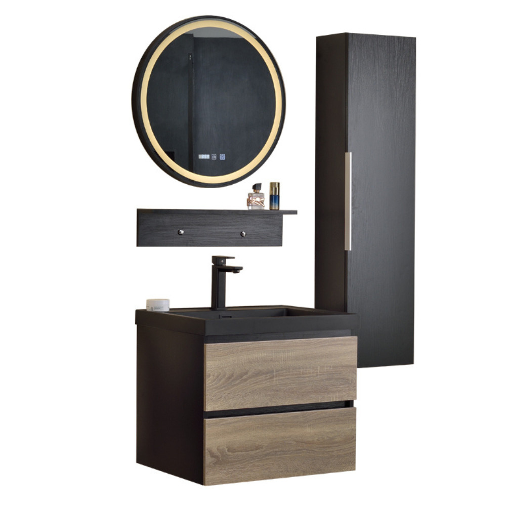 BlackWood 60 komplett fürdőszoba bútor szett fali mosdószekrénnyel, fekete mosdóval, tükörrel és magas szekrénnyel
