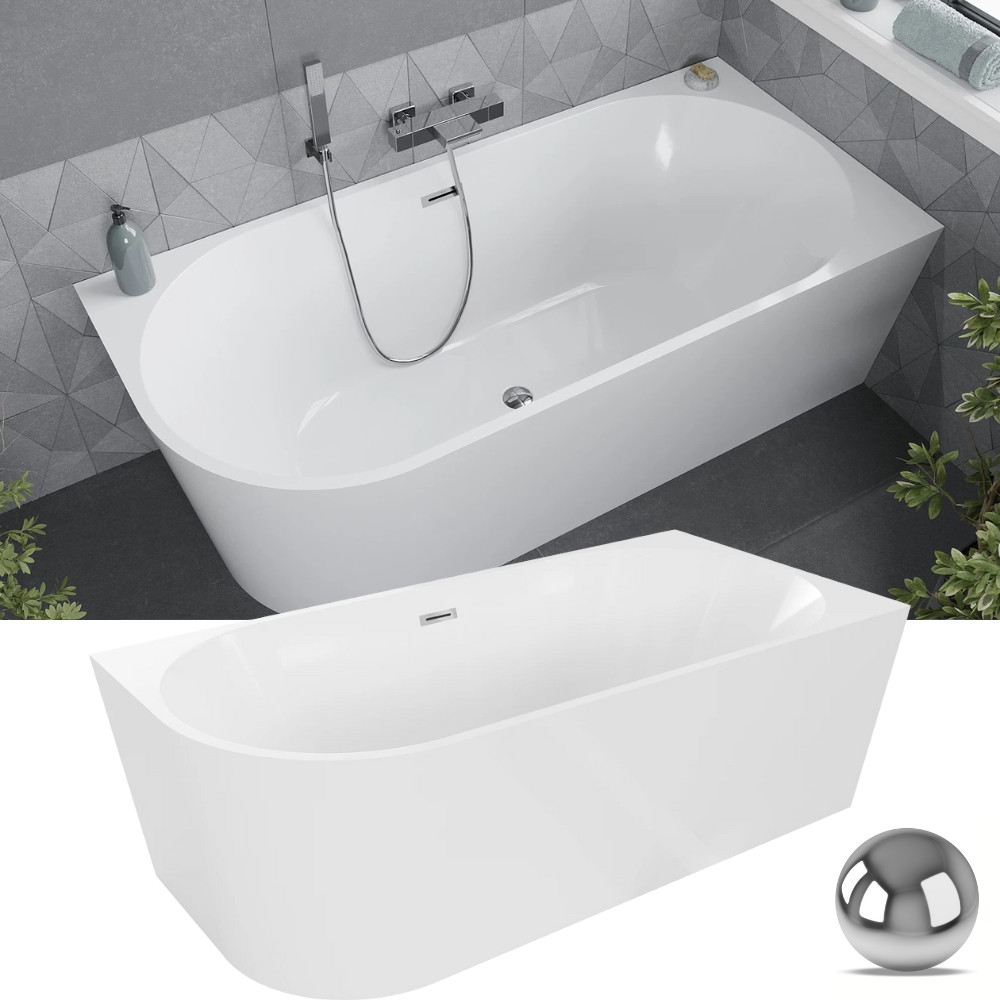 HD Serico 170x80 cm jobbos félszabadonálló akril kád fényes króm túlfolyóval és click-clack leeresztővel