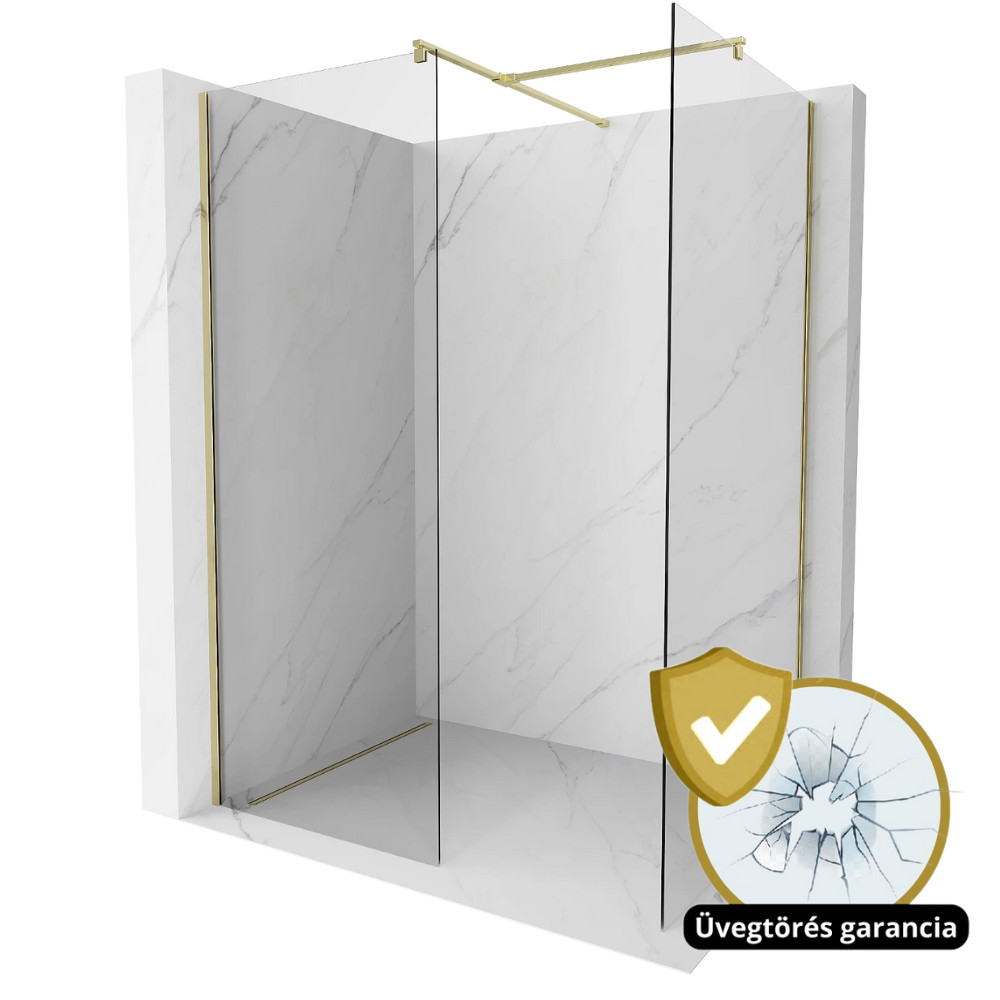HD Arlo Gold Kombi Walk-In zuhanyfal, 110x80 cm, 8 mm vastag vízlepergető biztonsági üveggel, 200 cm magas, arany profillal és távtartóval