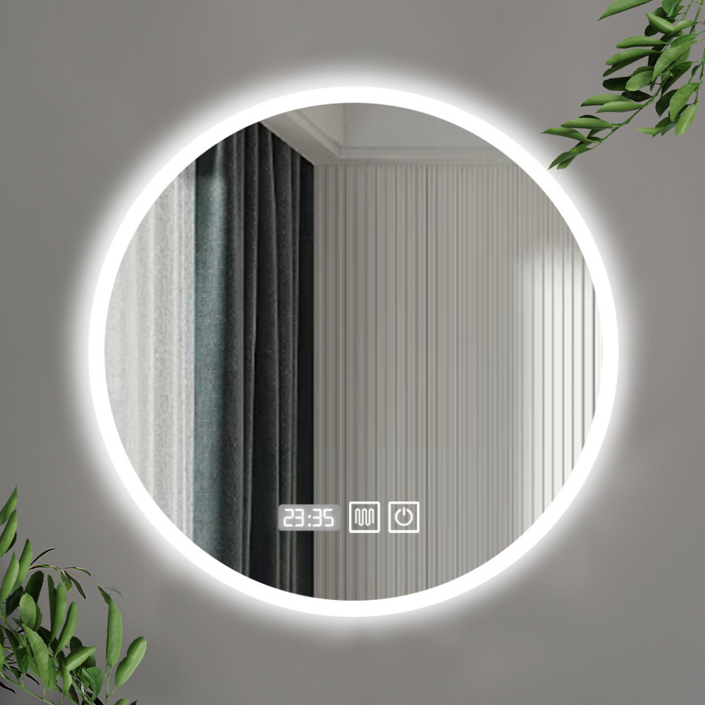 HD Sofia 80 cm széles fali kerek LED okostükör ambient világítással, érintőkapcsolóval, digitális órával és páramentesítő funkcióval